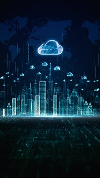 Cloud Computing Network over Digital Cityscape, Digital visualization of cloud computing network and services an illuminated cityscape with global map background.