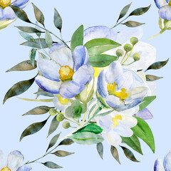 Watercolor seamless  pattern. Snowdrops. Image on white and colored background. - 772097006