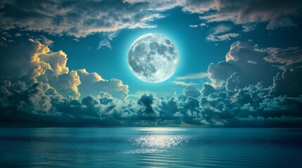 Full moon rising over tranquil sea, night sky with big blue moon above fluffy clouds