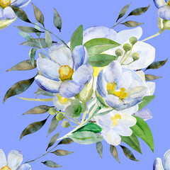 Watercolor seamless  pattern. Snowdrops. Image on white and colored background. - 772097044