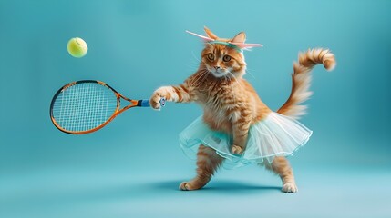 Playful Feline Athlete Engages in Surreal Tennis Match on Vibrant Blue Stage
