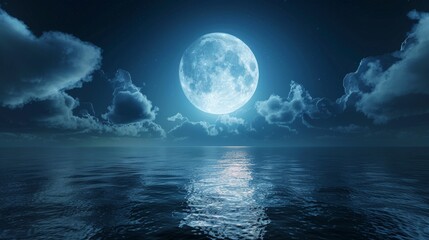 Tranquil night with full moon rising over calm sea and clouds - beautiful scene for backgrounds - obrazy, fototapety, plakaty