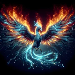 Foto op Canvas A majestic phoenix is reborn from the digital ashes in a blazing holographic flame. © Yuthana