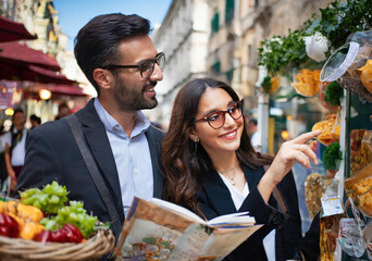 Happy couple inspects produce while holding a guidebook at a bustling outdoor marketplace - 772097085