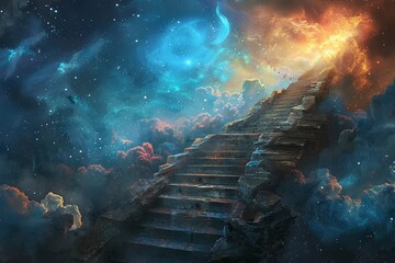 Astral stairway to heaven. surreal fantasy art featuring stairs leading to the sky for astral travel - obrazy, fototapety, plakaty