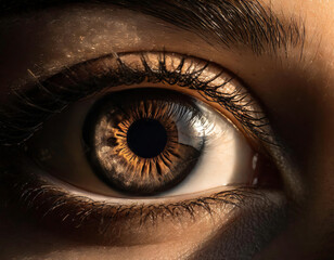 Close-up macro shot of detailed human brown eye with intense natural light, showcasing the intricate beauty of the iris, eyelashes, pupil, and retina - 772097094