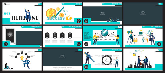 Business presentation, powerpoint, infographic design template with blue, black elements, white background. Start a business. A team of people creates a business. Financial work. Use of flyers, job