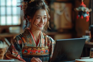 Conceptual the embodiment of beauty Japanese girl meets the spirit of the samurai, working and typing on Laptop in Samurai warrior armor against a white Background. - obrazy, fototapety, plakaty