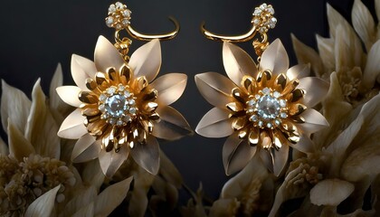 Craft a macro close-up editorial image with a centered negative space, showcasing a pair of 3D identical earrings transformed into exquisite blooms resembling gold and color diamond.AI Generated