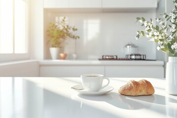 Fototapeta na wymiar Bright modern kitchen morning coffee scene with summer breakfast and copy space on white table