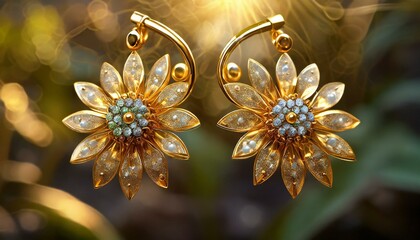 Craft a macro close-up editorial image with a centered negative space, showcasing a pair of 3D identical earrings transformed into exquisite blooms resembling gold and color diamond.AI Generated