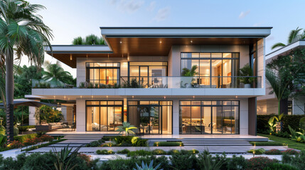 Modern European Villa with large windows and lots of green