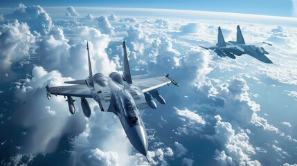 Two fighter jets soaring through the sky above clouds in high-speed combat maneuvers - obrazy, fototapety, plakaty