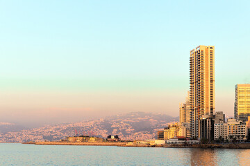 Sunset in the city of Beirut. Evening view of the bay and buildings