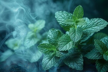A light fresh effect on a blue background. A menthol aroma is created by air flowing through mint leaves. Modern graphic.