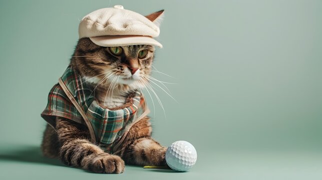 Tabby Cat Golfer in Plaid Vest Plays Miniature Golf on Light Green Background with Studio Lighting