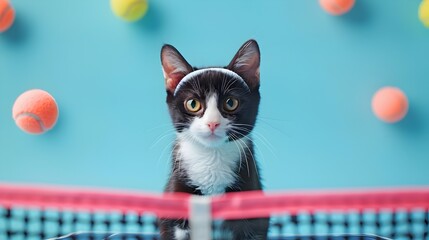 Tuxedo Cat Athlete Competing in a Miniature Tennis Match on a Blue Pastel Background - obrazy, fototapety, plakaty