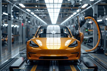 High tech factory. robotic assembly line crafting sleek electric cars efficiently