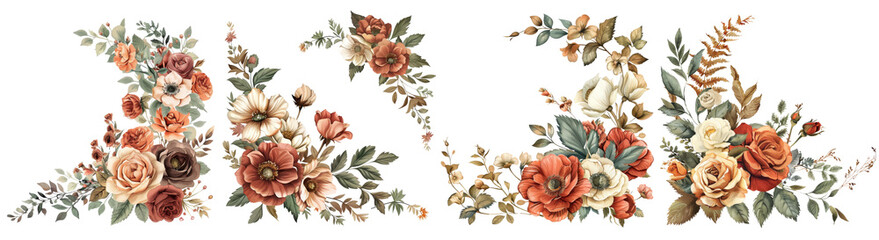 Set of watercolor Rose floral corner , cut out transparent isolated on white background ,PNG file