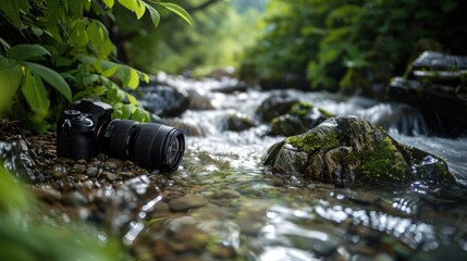 DSLR camera with a zoom lens lying on a rock by a tranquil, shallow stream surrounded by lush green foliage.