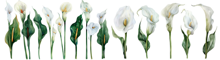 set of floral watercolor Gorgeous botanical Calla Lily White flower , cut out transparent isolated on white background ,PNG file - obrazy, fototapety, plakaty