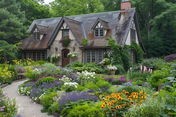 Fototapeta na wymiar : A quaint little cottage with a garden full of flowers