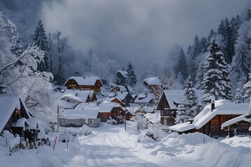 : A quiet snowy village, with cute little houses and a peaceful atmosphere