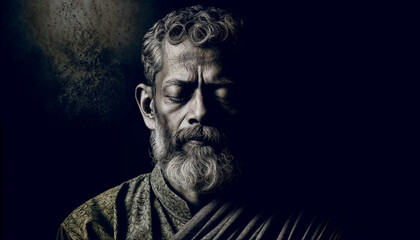 Aged man with eyes closed in peaceful contemplation, adorned in traditional attire.