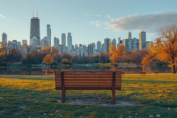 Lush city park with park benches and city skyline bicycles as background professional photography