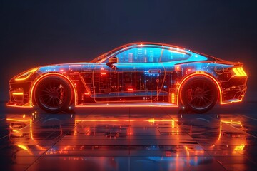 This abstract futuristic illustration illustrates the concept of car service and technological innovation. It has a neon effect and light effects.