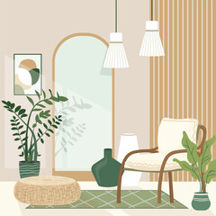 Cozy boho style design interior with a stylish combination of trendy earth tones. Personal eco space concept in Scandinavian Style with rattan pouffe mirror modern chair and plants Vector illustration