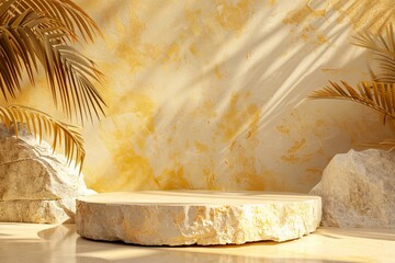 Elegant summer fashion podium display with yellow stone background, luxury fashion showcase