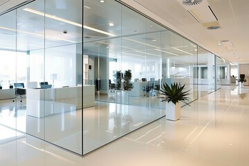 Chic glass partition and stylish white flooring in modern office for a sophisticated workspace