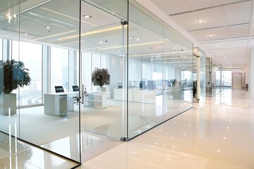 Modern office with glass partition and stylish white flooring for chic workspace