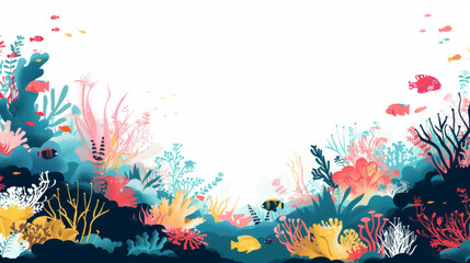 Underwater Coral Scene in digital style with white background and colorful fishes