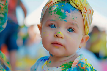 Cheerful Baby Amid Colorful Festival Delights in Urban Park