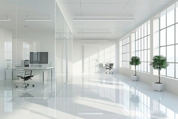 Stylish modern office with glass partition and chic white flooring for a contemporary workspace
