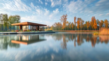 Obraz premium Modern lakeside house with reflection on water, surrounded by autumn trees under a clear blue sky at sunrise or sunset.