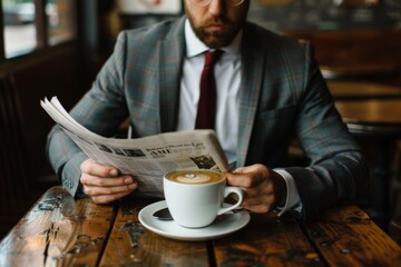 Businessman in suit reading daily newspaper and sipping coffee at coffee shop in morning