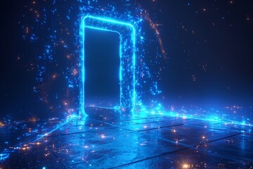 A multi-layered polygonal wireframe glowing diagram of an open doorway on a blue background. Futuristic science fiction concept for a doorway.