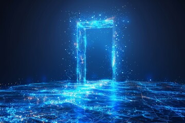 A futuristic science fiction concept of an open door at a tech portal with a polygonal wireframe glow. Modern illustration on a blue background. - obrazy, fototapety, plakaty
