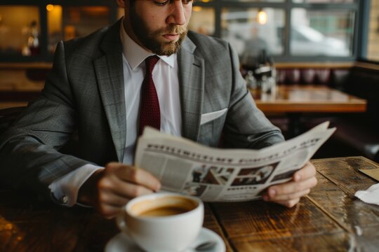 Successful businessman staying informed while enjoying his morning coffee by reading the latest news