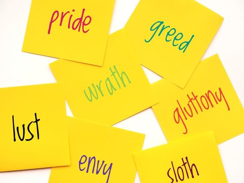 Yellow sticky notes with the seven deadly sins, or capital vices or cardinal sins
