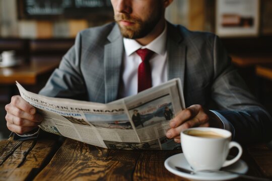 Businessman reading newspaper and drinking coffee in the morning, staying updated with latest news