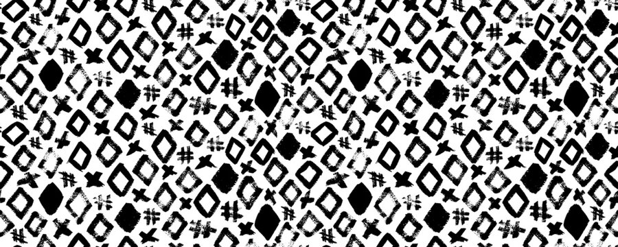 Contemporary seamless pattern with geometric shapes and bold brush drawn figures. Geometric pattern memphis style background with triangles and crosses . Hand drawn ink illustration in 80-90s style
