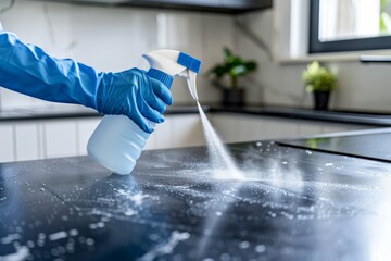 Sanitizing kitchen table surface with disinfectant spray bottle - covid-19 prevention - obrazy, fototapety, plakaty