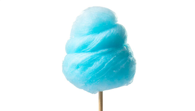 blaue Zuckerwatte an Holzstab isoliert auf wei&szlig;en Hintergrund, Freisteller 
