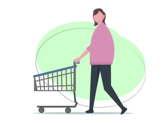 ショッピングカートを押して買い物をする女性。ベクターイラスト