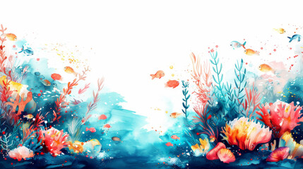 Fototapeta na wymiar Underwater Coral Scene in watercolor style with white background and colorful fishes