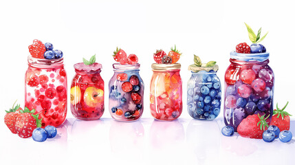 Various jams in jars watercolor illustration.